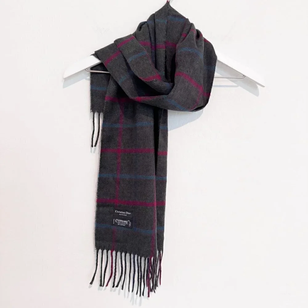Christian Dior‎ Scarf Plaid Windowpane Cashmaire Fringe Vintage Dark Academia